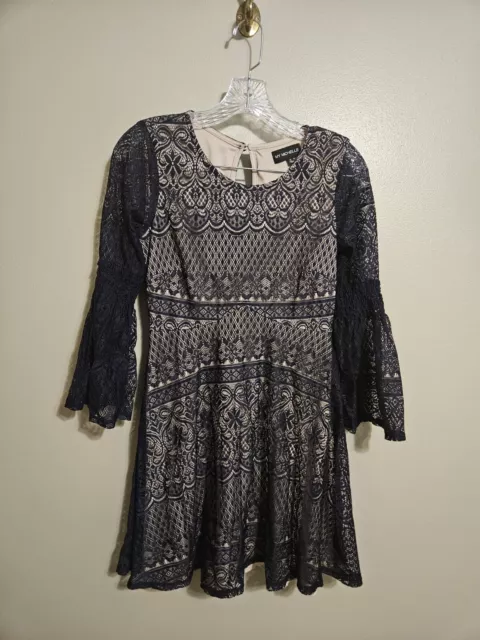 My Michelle Womens Navy Blue Lace Longsleeve A-Line Dress Size Small