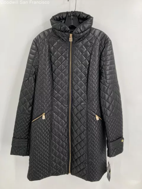 NWT Via Spiga Womens Black Long Sleeve Full Zipped Pockets Quilted Coat Size XL