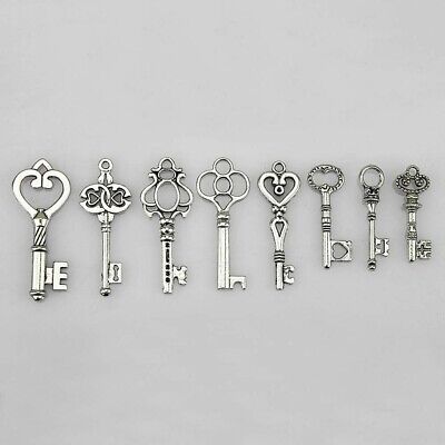 8 Skeleton Key Pendants Antiqued Silver Assorted Steampunk Charms Wedding Keys