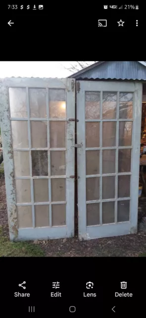 60x90"x1.75" Pair Antique Vintage 15 Pane French Double White Wooden Doors