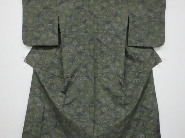6198723: Japanese Kimono / Antique Hitoe Kimono / Tsumugi / Woven Floral Arabesq