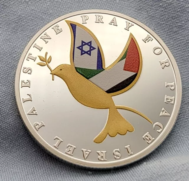 Israel Palestine Silver Gold Coin Dove Pray for Peace Map Middle East War Hamas