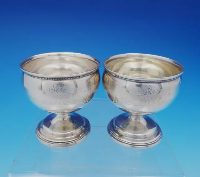 George Sharp Coin Silver Salt Cellars Pair with Band of Engraved Design (#3742)