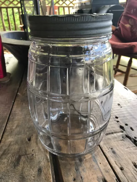 Vintage HOOSIER GLASS JAR Cabinet Canister Barrel w/ Lid Kitchen Antique 10"