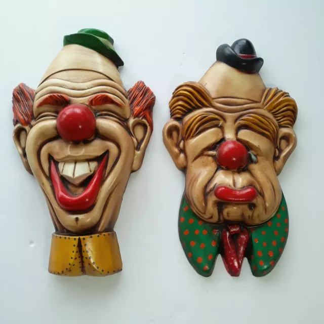 Holland Mold Clowns 2 Hand Painted Stained Plaques Wall Hanging Art Pair 15 Inch 3