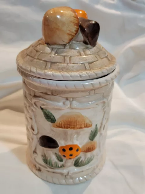Hi Mark Ceramic Mushroom Basket Weave Canister Jar Taiwan 7x4in Vintage 1970s