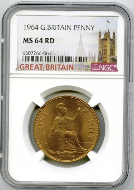 1964 Great Britain Britannia Large Copper Penny Ngc Ms64 Rd Low Mintage