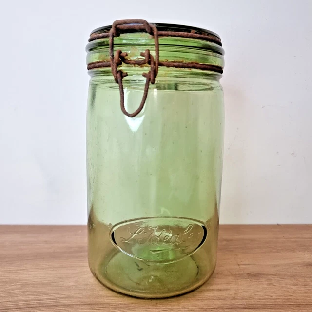 Ancien Bocal En Verre Vert L'Idéale 3/4 Litre, Bouchon Porcelaine N°5 - Occasion