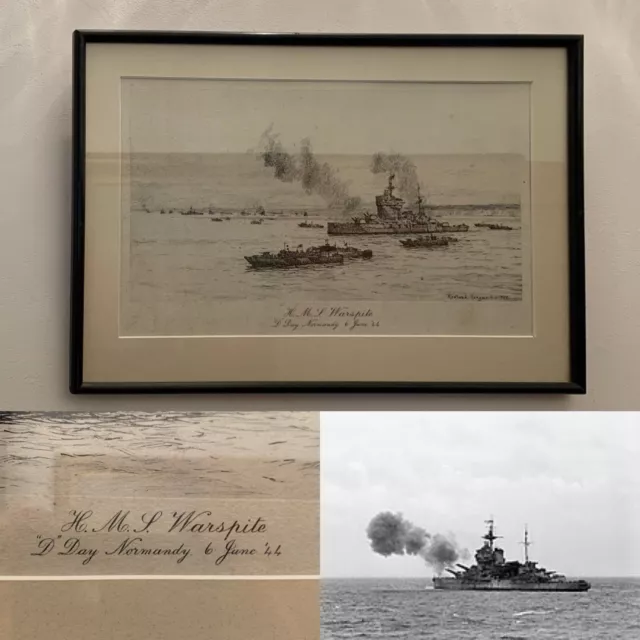 Gerahmte Rowland Langmaid signierte Radierung von HMS Warspite (D-Day 1944)