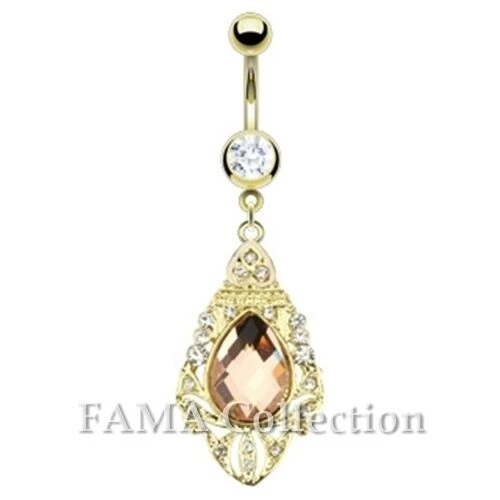 FAMA Pink Faceted Gem on 14kt Gold Plated Royal Shield Dangle Navel Belly Ring