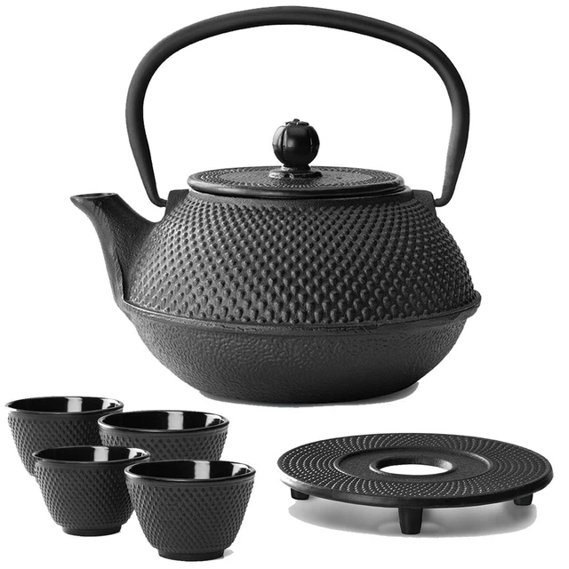 Asia Tee Set Teekanne Teesieb 4 Becher Untersetzer Teeservice Gußeisen 0,8 L