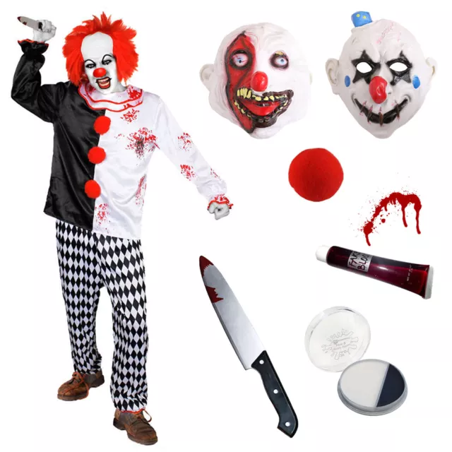 Adults Evil Killer Clown Costume Horror Circus Slasher Halloween Fancy Dress