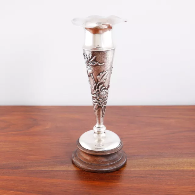 Chinese Aesthetic Sterling Silver Flower Vase On Wooden Pedestal No Monogram
