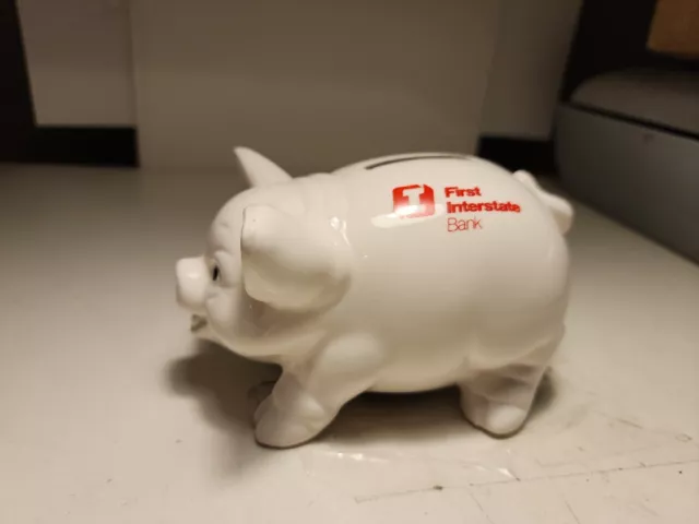 First Interstate Bank White Ceramic Pig Coin Piggy Bank 5" JB8A