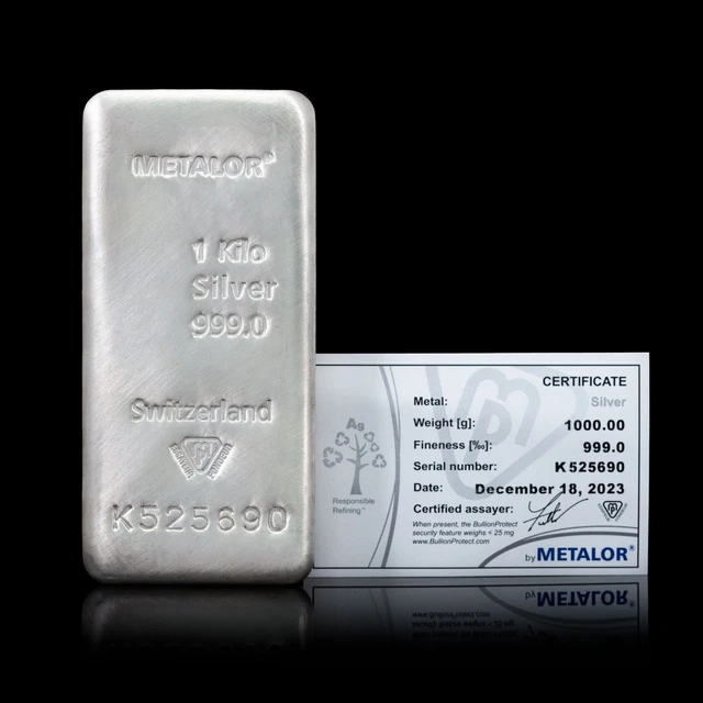METALOR FINE SILVER Bullion Bar 1kg 999.0 Certified - 2 £1,500.00 ...