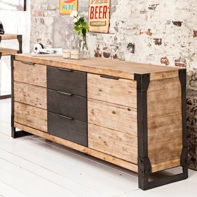 Massives Industrial Sideboard FACTORY 180cm Akazie teakgrau weiß gekälkt Kommode