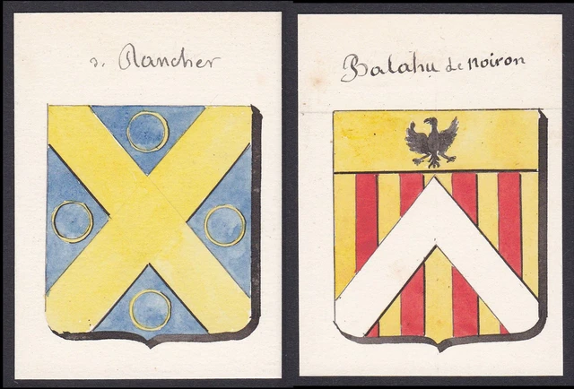 19. Siglo Rancher Balahu Noiron Francia Escudo Abrigo De Arms Acuarela