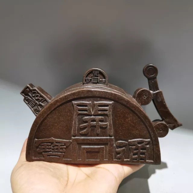 18cm Yixing Zisha purple Clay pot carved coin statue Kung Fu Health Teapot 开元通宝