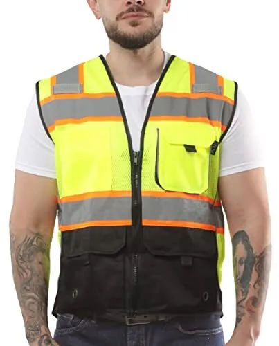 High Visibility Safety Vest Front Pockets Silver Orange Reflective Tape for