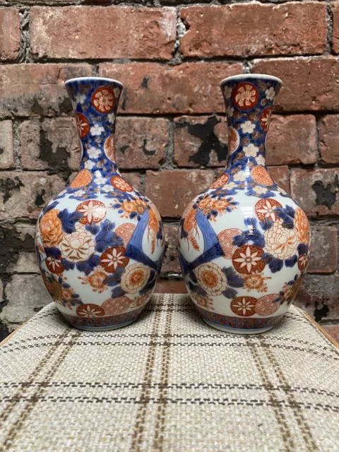 Antique Japanese Imari Vases Meiji Period Pair 19th Century  Signed Fukagawa