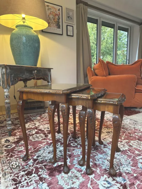 Carved Walnut Nest Of Three Tables - Circa 1970's