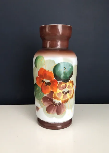 Decorative Victorian Opaline Floral Glass Vase French Hand Painted 20cm Tall