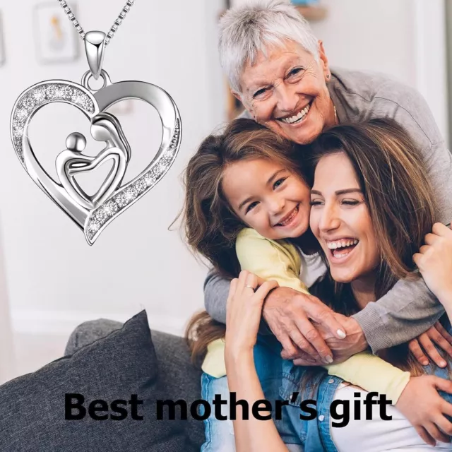 925 Sterling Silver Mother and Child Love Heart Pendant Necklace Jewelry Gift US