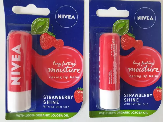 2x Nivea lip long lasting moisture strawberry red shine jojoba oil balm