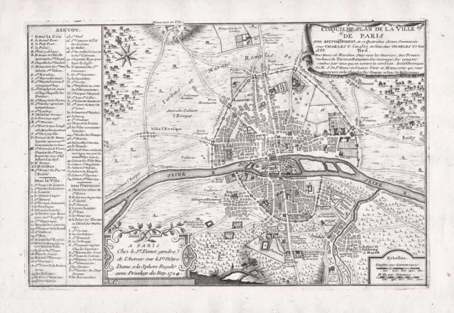 Paris Plan Stadtplan France map Karte carte gravure de Fer 1724