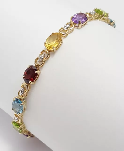 10K Solid Two Tone Multi Color Gold Multi Colored Stone Tennis Link Bracelet 7"