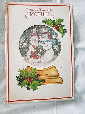 Vintage Christmas Greeting Card Sweet SNOW Couple In Snow GLOBE Holley Berries