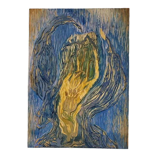 Vintage Wood Block Relief Carving of Ominous Image Beautiful Textile Print Art