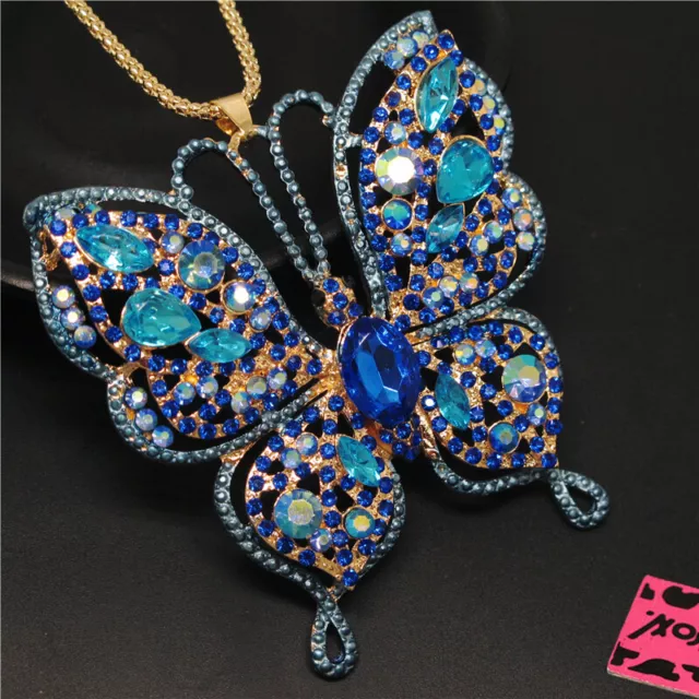 New Fashion Women Cute Bling Butterfly Blue Crystal Pendant Chain Necklace