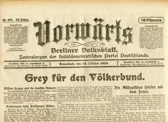 VORWÄRTS (12. Oktober 1918): Grey für den Völkerbund