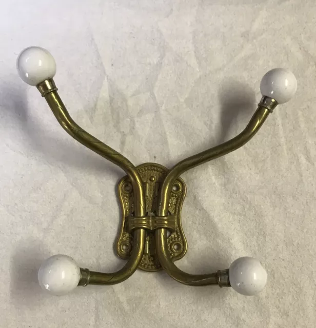Vintage ￼Porcelain￼ And Brass Coat Hanger Wall Hook Twist Metal White Ball