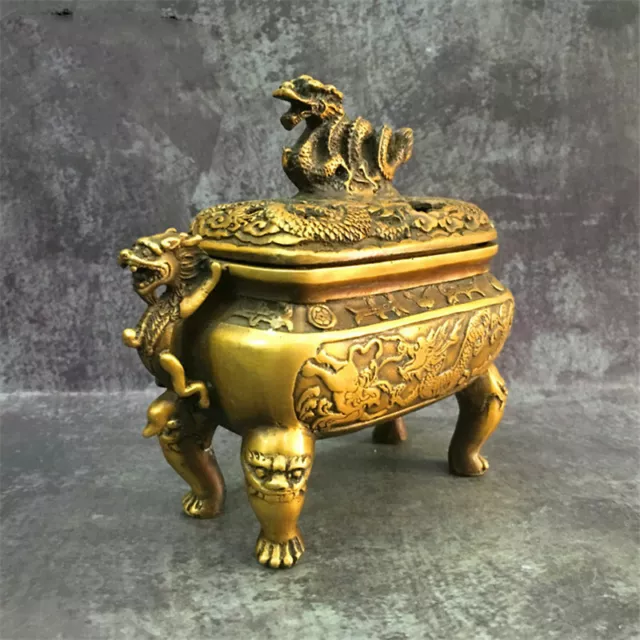 5.8" Vintage Decorated Brass Incense Burner Old Handwork Carved Dragon 2