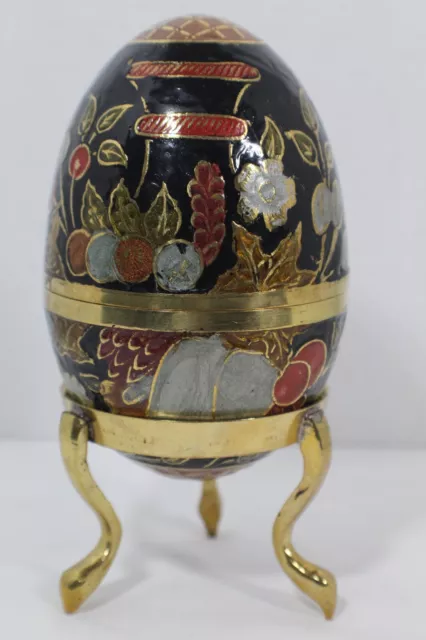 Hand Enameled Solid Brass Vintage Cloisonné Egg 7wide" Trinket Box W/Stand India