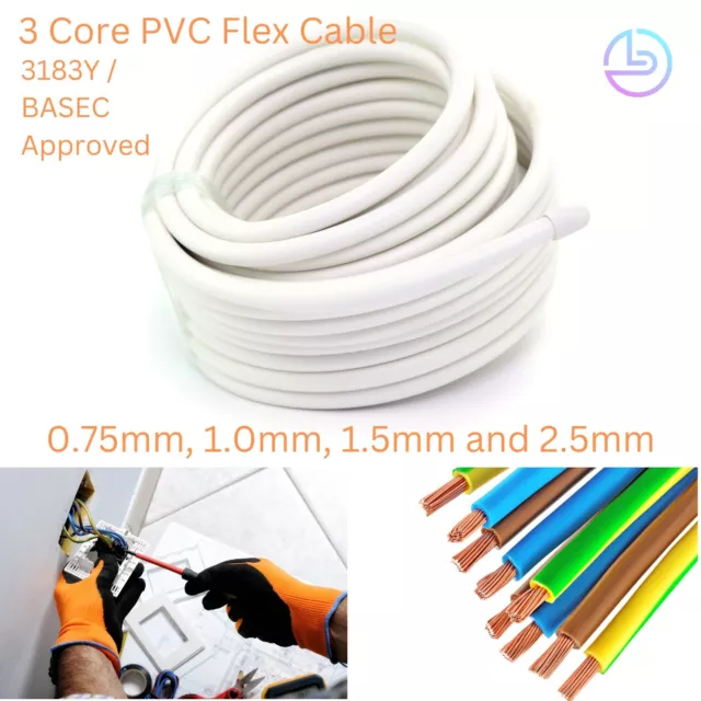 3 CORE ELECTRICAL FLEX ROUND CABLE WIRE 0.75mm 1mm 1.5mm 2.5mm WHITE 3183Y