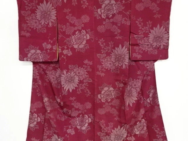 40245# Japanese Kimono / Antique Kimono / Woven Floral Plants