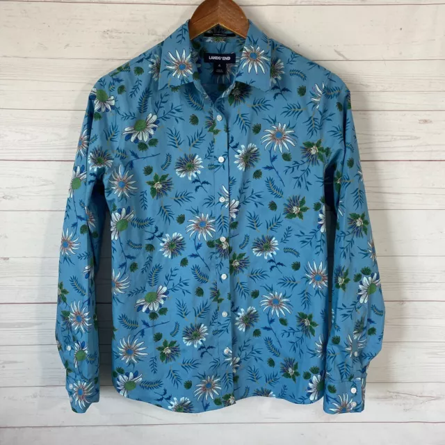 Lands End Womens No Iron Supima Cotton Floral Blouse Sz 4 Blue Long Sleeve