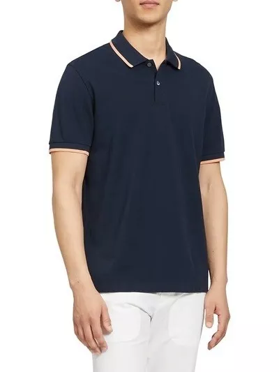 Theory Bold Stripe Pique Pima Cotton Polo Shirt Mens Size XL Blue Short Sleeve