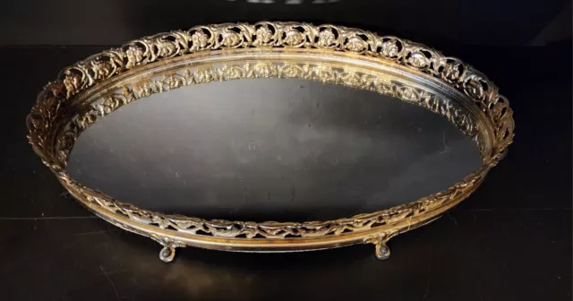 Vtg. Mirror Vanity Tray Perfume  Oval Gold Filigree Hollywood Regency