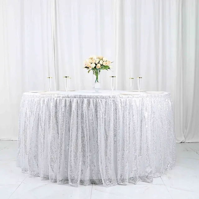 17 ft SILVER Sequin Pleated Satin TABLE SKIRT  Strip Party Decorations