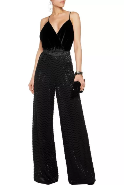 ALICE + OLIVIA Black Chevron Beaded Embellish Athena Wide Leg High Waist Pant 12 2