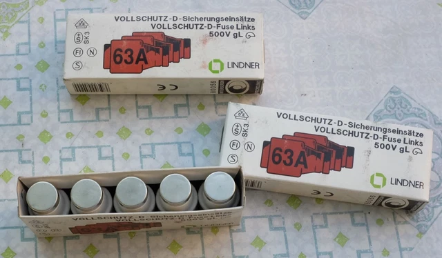 15x Lindner 598.0637 Fusible bouteille taille DII, 63A, gG, 500V. Lot de 15