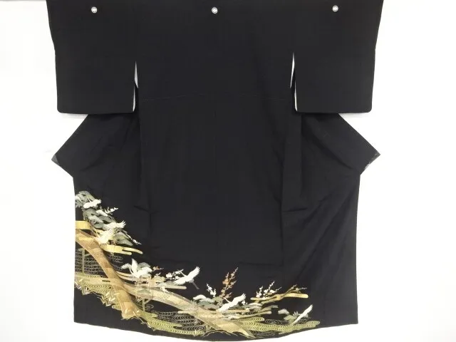 82942# Japanese Kimono / Antique Tomesode / Embroidery / Bridge & Cranes
