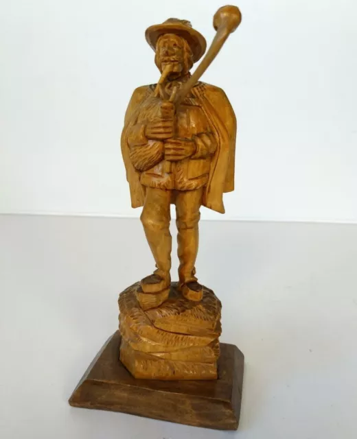 Vintage Black Forest Musician Carved Wood Sculpture Man with Bagpipe Figurine 2