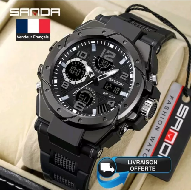 Montre Sport Militaire Homme Analogique Numérique LED Quartz étanche