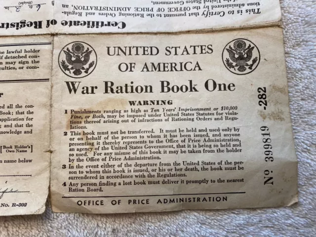World War 2 Ration Book/Stamps #1 W/ 3 Unused Ration 1942 Waterboro, Maine, WW2