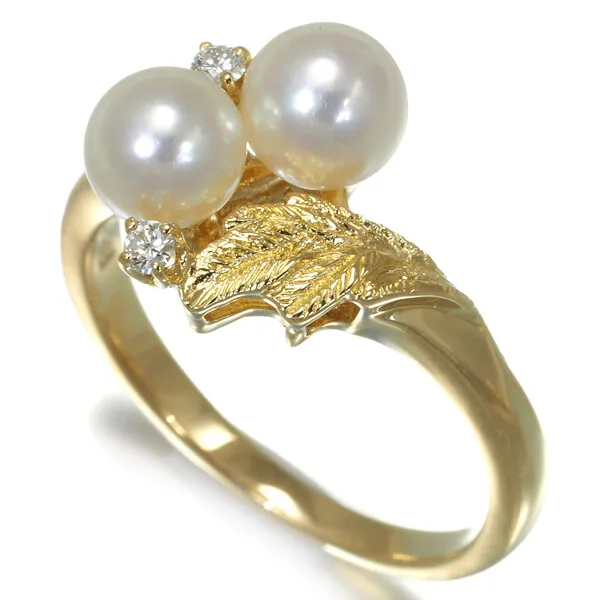 Auth MIKIMOTO Ring Akoya Pearl 5.0-5.2mm Diamond Leaf US4.5 18K 750 Yellow Gold